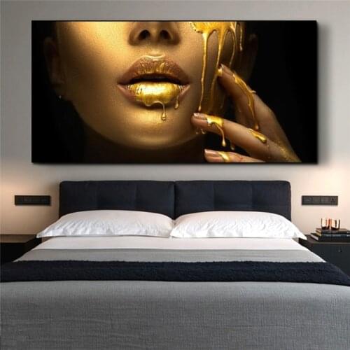 Sexy African Woman Gold Girl Face Canvas Paintings On The Wall Posters And Prints Golden Lips Wall Art Pictures Home Wall Decor