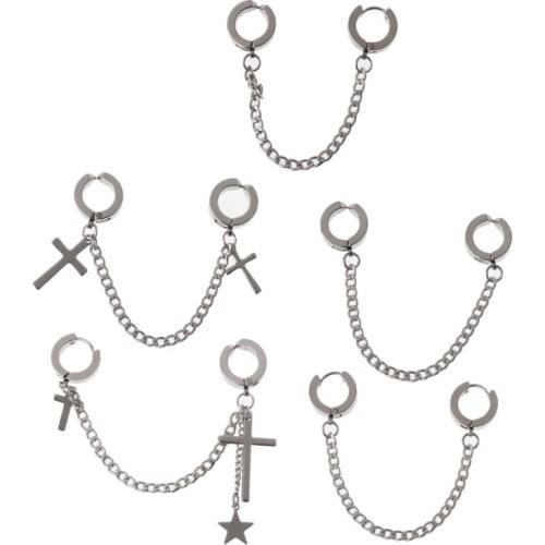 1Pc Hip Hop Double Pierced Hoop Huggie Dangle Chain Drop Earring Studs Ear Cuffs