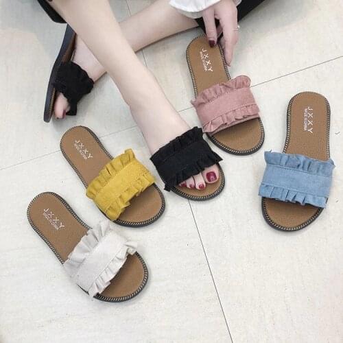 Big Size Women Slippers Candy Color Slides Woman Shoes Summer Flats Denim Slippers Lace Slide wrinkle Ladies Shoes zapatos mujer