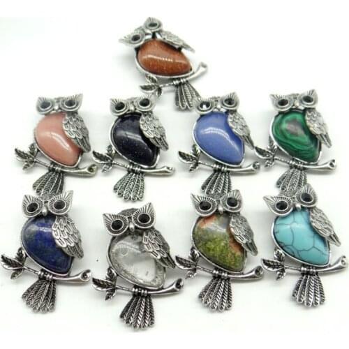Natural stone mix tiger eye lapis lazuli TurquoiseS animal Owl Archaize silver brooch Pendant for diy Jewelry making 10pcs A20