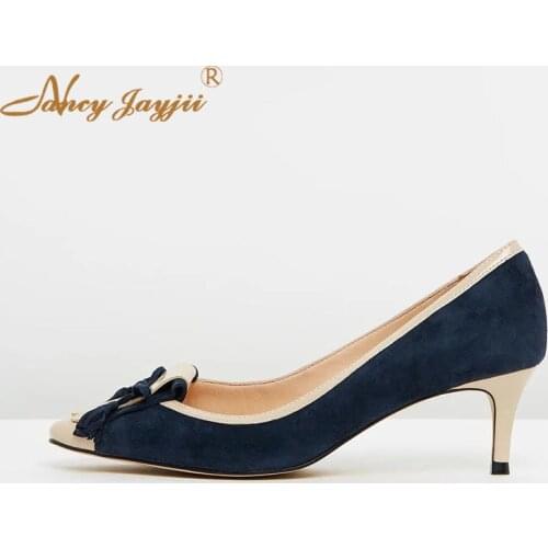 Women Shoes Ladies Female Pumps Solid Flock Butterfly-knot Mixed-Colors Basic Sweet Med thin heels Slip-On Pointed Toe Mature