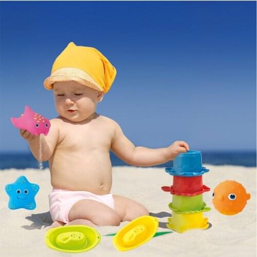 9 Pieces Funny Baby Bath Toy Column Floating Bathing Toy with 3 Sea Animals with Water Jets 2 Bath Boats 4 Stackable