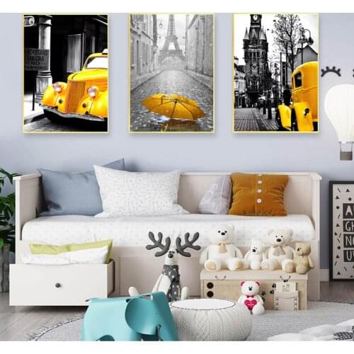 Art Yellow Car Balloon Posters and Prints for Bedroom Nordic Canvas Painting Retro European City Scenery Picture Home Decor Wall