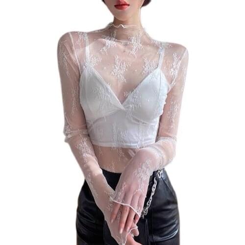 Womens T-shirts Lace Sexy Mesh Tops Long Sleeve Lady Shirt See-Through Female Crop Top Tshirt Transparent O-neck Women Tshirt