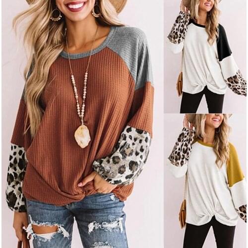Women Casual Leopard Long Sleeve Waffle Blouse Twist Knot Loose Shirt Sweater Elegant Pullover Top 2020