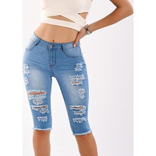 Womens Middle Rise Stretchy Denim Shorts Knee Length Curvy Stretch Short Jeans Hole Destroyed Draped Stretch Bodycon Jeans Slim