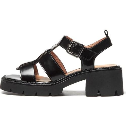 MORDOAN Platform Shoes Women Genuine Cow Leather Sandals Women 2021 Summer Ankle Buckle Strap Mid-Heel Patent Leather Sandals