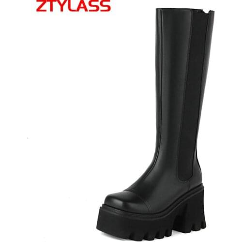 Fashion Chunky High Heel Knee High Boots Black Platform Women Boots Square Toe Zipper Autumn Winter Woman Boots Shoes Big Size