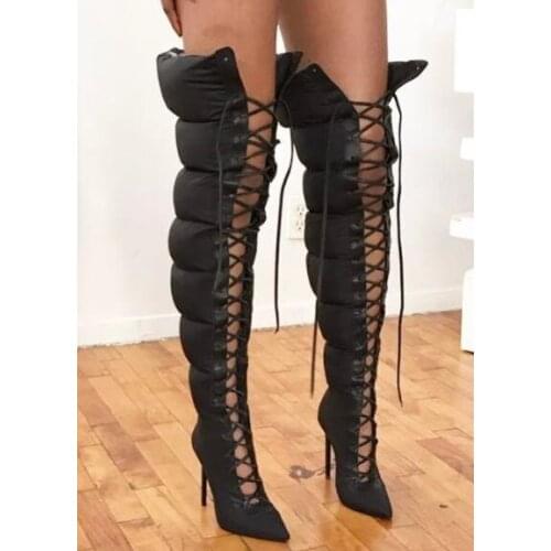 Moraima Snc Sexy Pointed Toe Woman Boots Lace-up Thin Heels Over the Knee Boots Fashion Runway Gladiator Boots Black