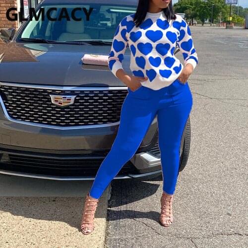 Women Two Piece Cute Sweet Suits Long Sleeve Heart Shirt Top & Pocket Pants Set