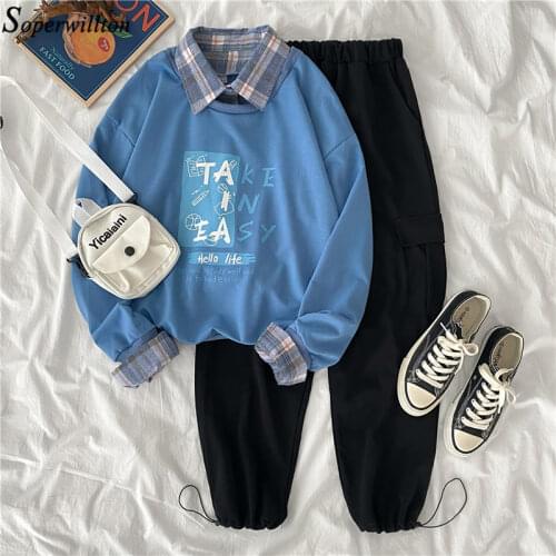 2 pcs Set Sweatshirt + Cargo Pants Women Suit Set Harajuku Long Sleeve Letter Print Pullover Tops Elastic Waist Trouser Set