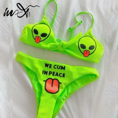 In-X Sexy neon bikini 2021 Ribbed swimsuit womens swimming suit Knot swimwear female Bandeau 2 pieces set Print bathing suit