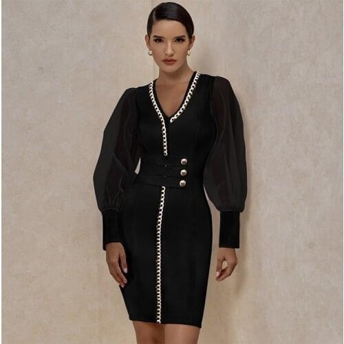 Bandage Dress 2021 New Year Black Long Sleeve Party Dress Sexy Runway Fashion Embellished Mesh Bodycon Bandage Dress