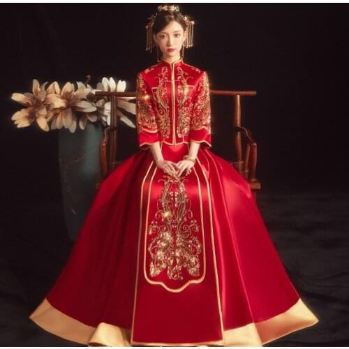 Oversize S-6XL Bride Wedding Dress Retro Qipao Chinese Style Exquisite Sequins Cheongsam Toast Clothing