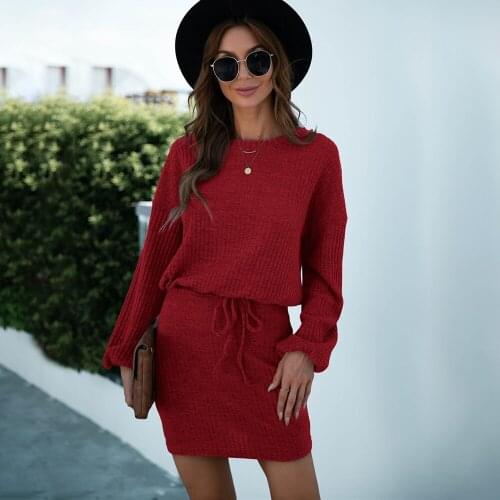 Women Casual Knitted Dress 2021 Autumn Winter Long Sleeve O-neck Lace-up Package Hip Mini Dress Red Elegant Office Lady Dresses