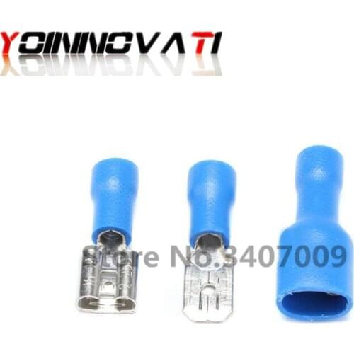 50pcs 6.3mm 16-14AWG Female Male Electrical Wiring Connector Insulated Crimp Terminal Spade Blue FDFD2-250 MDD2-250