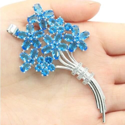 36x28mm Gorgeous Created Round London Blue Topaz White CZ Ladies Gift Silver Pendant