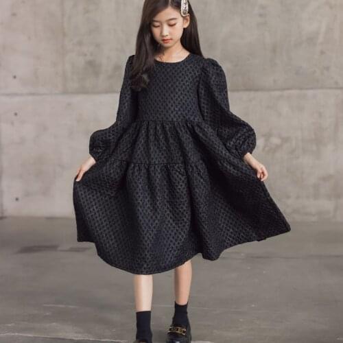 Black Girls Midi Dress Teen Kids Autumn Dress 2021 New Baby Children Clothing Lantern Sleeve 6 To 16 Years Jacquard Fabric,#6483