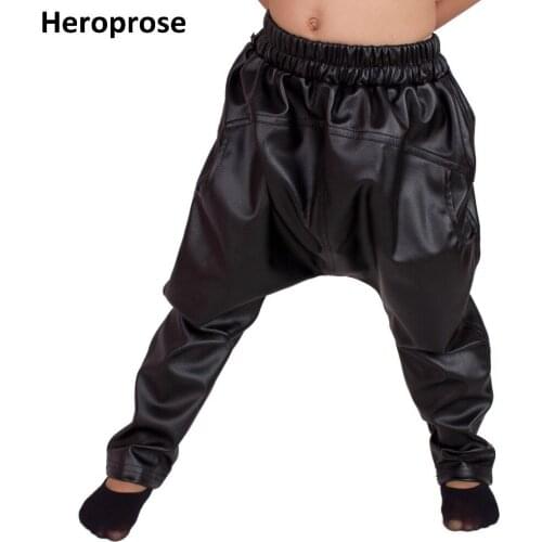 Heroprose New Fashion Childrens clothing Unisex Kids hip hop baggy harem trousers Jazz Faux Leather Multi-pockets cross-pants