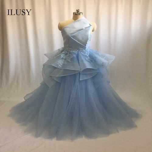 ILUSY Charming Blue Evening Dress A-line Evening Gowns Sleeveless Lace Prom gowns Strapless robe De Soiree