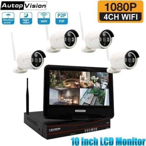 10 Inch Monitor 4CH 1080P WIFI NVR Kit 2.0MP Waterproof Outdoor IP Camera P2P Video Surveillance Kit Wireless CCTV Camera System