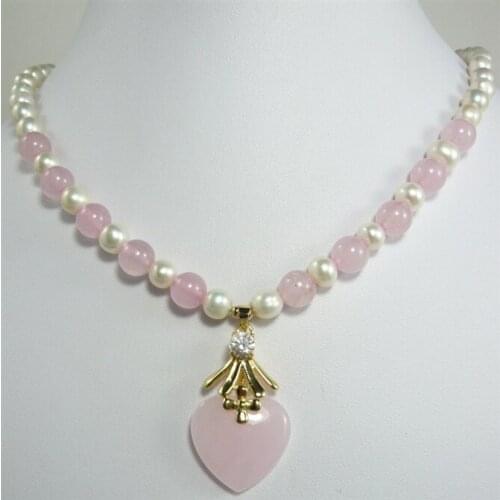 Pretty 7-8mm mixed white pearl & pink jades bead + heart jades pendant necklace