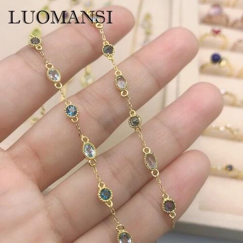 Luomansi 100% S925 Sterling Silver Genuine Natural Blue Topaz Citrine Gemstone Bracelet High Jewelry Lover Gift