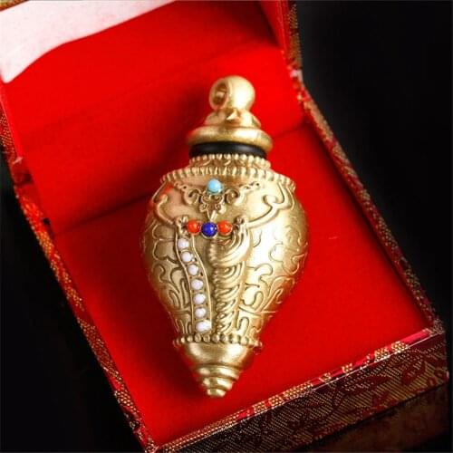 Copper Conch Gawu Box Pendant Tibetan Buddhism Articles Colored Beads Inlaid with Scripture Relics