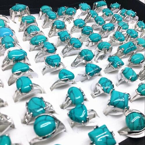 MIXMAX 24pcs blue stone Vintage rings mixed styles irregular shape beautiful ethnic alloy women ring wholesale lots bulk