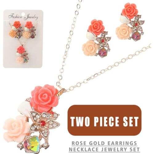 Trendy Crystal Rose Flower Necklace Earring Lovely Romantic Bridal Jewelry Set Pink Red Flower Earring Stud For Women Wedding