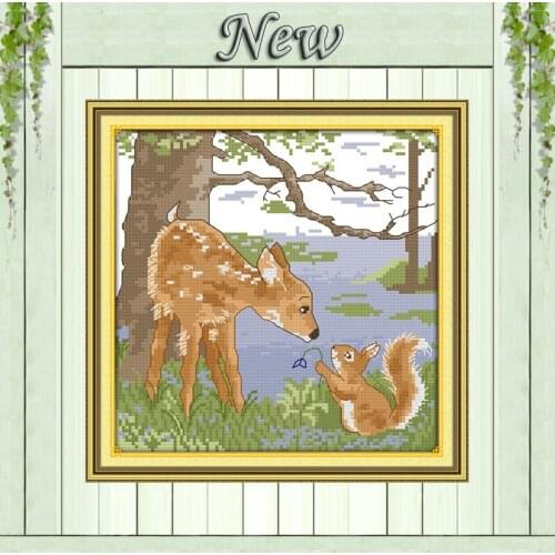 A deerlet and a squirrel in the forest Counted Printed on canvas DMC Needlework Kits Embroidery Sets 14CT 11CT DIY Cross Stitch