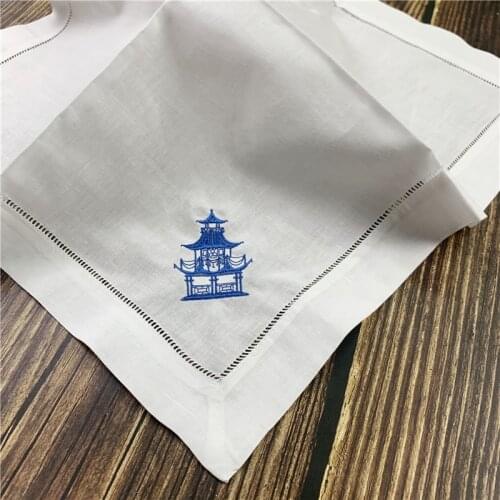 Set of 12 Napkins 20"x20"-inch White Hemstitch Linen Table Napkins Embroidery Blue Pagoda