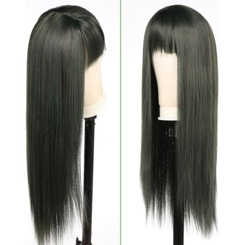 Full Machine Made Wig Green Synthetic Hair Non Lace Wig with Bangs Glueless Cosplay for Women