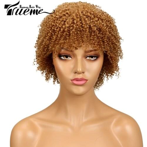 Trueme Kinky Curly Bob Wig Human Hair Brazilian Jerry Curly Remy Full Wigs For Women Light Brown Mix Color Short Wig
