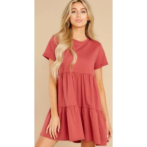 Casual Loose O-Neck Short Sleeve A-Line Short Dress Women Summer Elegant Pleated Ruffle Solid Color Fashion Sweet Female Vestido