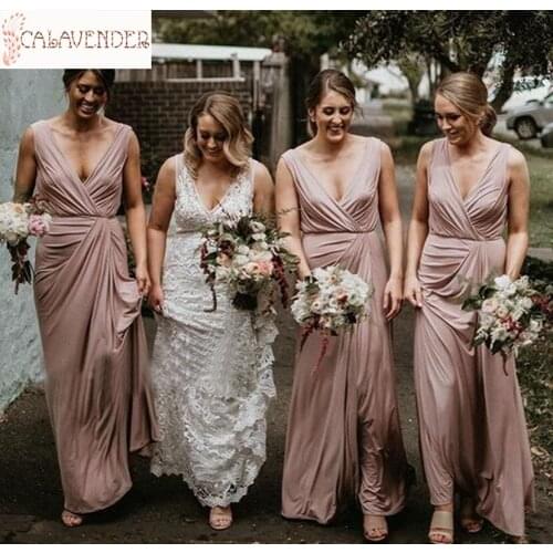 Spandex Light Pink Bridesmaid Dresses A-Line Pleats V-Neck Long Dress for Wedding Party for Woman vestidos de noite