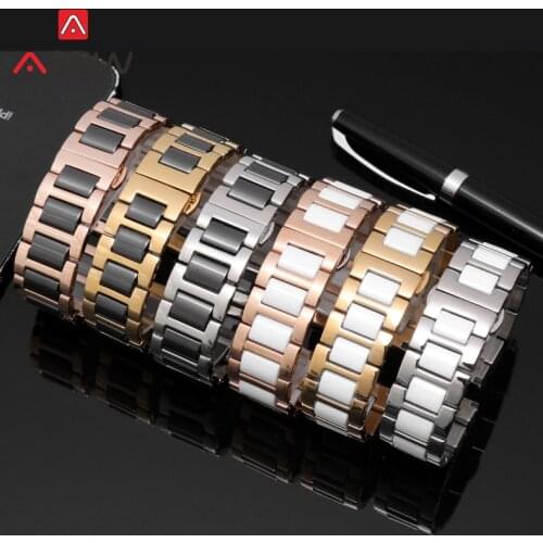 Solid Stainless Steel Ceramic Strap 14mm 16mm18mm 20mm 22mm Butterfly Buckle Men Women Replacement Bracelet Watch Band Rose Gold