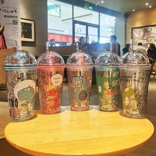 Kawaii Cute Cup with Straw Dinosaur Unicorn Cartoon Child Gift Bubble Tea Tumbler for Drinking Coffee Mug Juice Hidden Ice Cup
