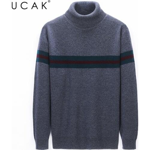 UCAK Brand Pure Merino Wool Turtleneck Sweaters Men Clothing Streetwear Striped Sweater Pull Homme Winter Casual Pullover U3197