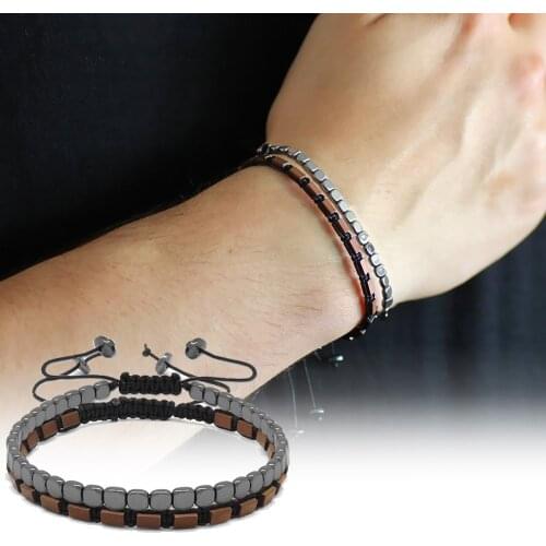 Tesbihane Macrame Braided Brown Prism and Oval Cut 2li Hematite Natural Stone Bracelet Combination