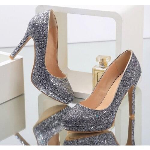 Pointed Sequin thin high heels green wedding shoes silver wedding photos size bridal single shoes dark blue fashion show