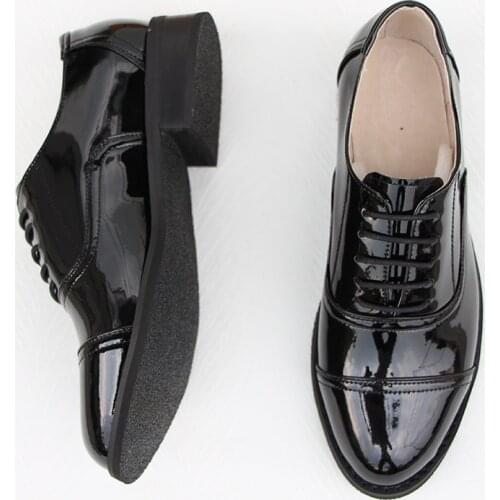 Womens Shoes Spring Autumn Patent Leather British Style Black Brock Single Shoes Lace Up Round Head Flat Oxford Leather Shoes