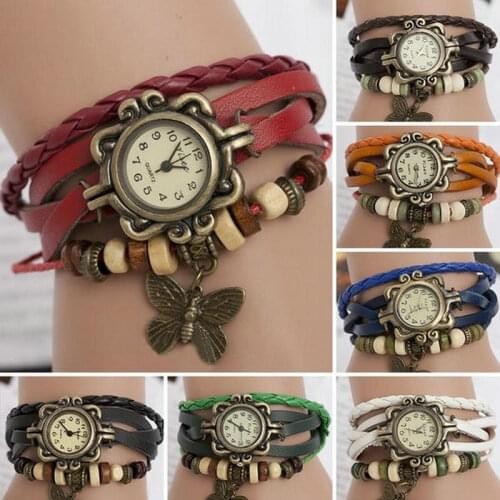 Women Wrist Watch Weave Braided Quartz Butterfly PU Leather Bracelet Beads Round Women Students Bracelet Watches