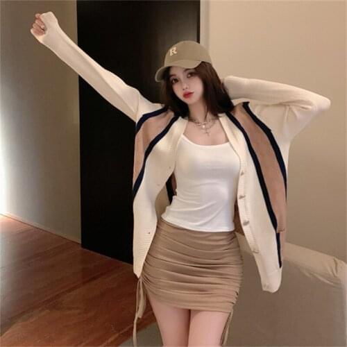 High Quality Ladies V-neck Retro Contrast Color Loose Mid-length Knitted Cardigan Autumn 2021 Casual Sweater