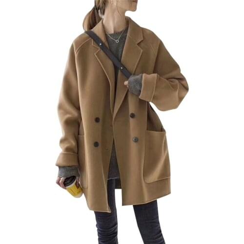 Woolen Coat Women 2019 Autumn Winter Length Wool jacket Medium Thick warm Double Breasted Preppy Style Korean Outerwear Female