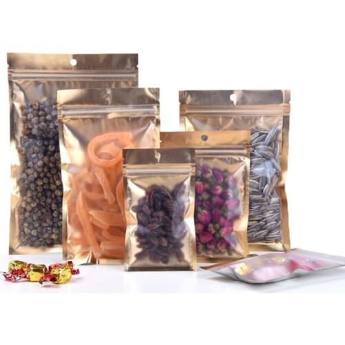 100Pcs/Lot Matte Aluminum Foil Gold Zip Lock Bag with Hang Hole Self Grip Seal Tear Notch Food Candy Storage Packaging Pouches