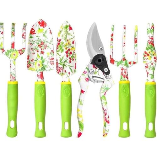 6PCS Garden Tool Set Heavy Duty Floral Print Gardening Hand Tools Kit Rake Shovel Transplanter Scissors Transplant Seedling Tool