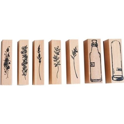 7Pcs Vintage Wooden Rubber Stamps Kit, Plant & Flower Decorative Mounted Rubber Stamp Set for DIY Craft Scrapbooking