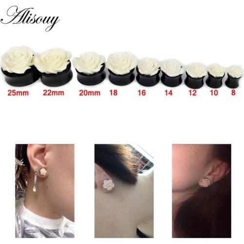 Alisouy 1 Pair White Rose Flower Ear Plug Acrylic Flesh Ear Plug Tunnel Ear Expander Gauges Body Piercing Jewelry cute for girl