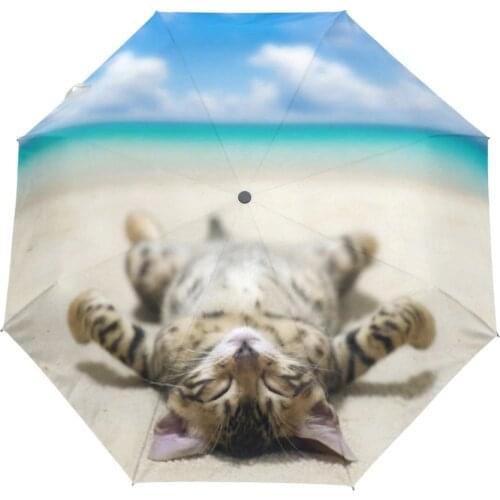 A Cat Lying On Beach Printed Automatic Umbrella Wind Resistant Folding Rain Women Windproof Umbrellas Rain For Men Black Coating
